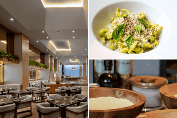 A modern restaurant interior, a plate of trofie pasta garnished with basil, and wooden bowls filled with ingredients on a counter hint at an inviting pasta making class.