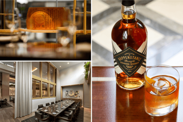 A collage featuring a wheel of cheese, a bottle of bourbon with a glass, a modern dining room, and a close-up of the bourbon bottle—perfect inspiration for your next bourbon tasting or spirited sessions.