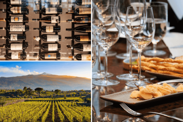 A collage showing wine bottles on shelves, a sunlit Sicilian vineyard landscape, and a table set for wine tasting with glasses and plates of food.