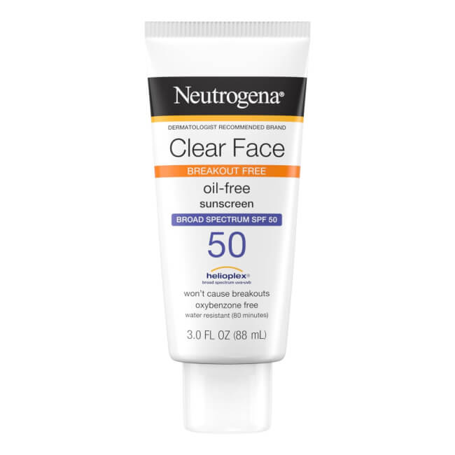 A tube of Neutrogena Clear Face oil-free sunscreen SPF 50, featured on the SB Hot List for June 2025—breakout free, broad spectrum, and 3.0 FL OZ (88 mL).