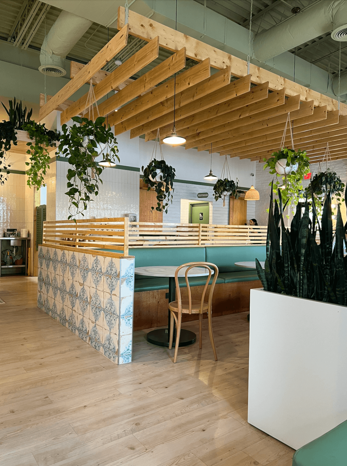 Modern café interior with wooden accents, green cushioned seating, tiled partition, hanging plants, and natural light. A single bentwood chair is placed near a table in this inviting plant-based space.
