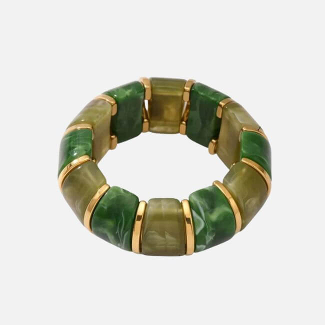 20 Nashville FINDS for June: Father's Day Gifts, Chic Accessories & More - 10 Chunky bracelet featuring alternating green and light olive marbled rectangular segments with gold-tone metal accents, arranged in a circular shape—a stylish find perfect for shopping Nashville’s vibrant boutiques.