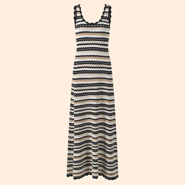 20 Nashville FINDS for June: Father's Day Gifts, Chic Accessories & More - 2 Sleeveless maxi dress with black, beige, and white horizontal wavy stripes, perfect for shopping Nashville’s vibrant boutiques. Displayed against a plain light background.