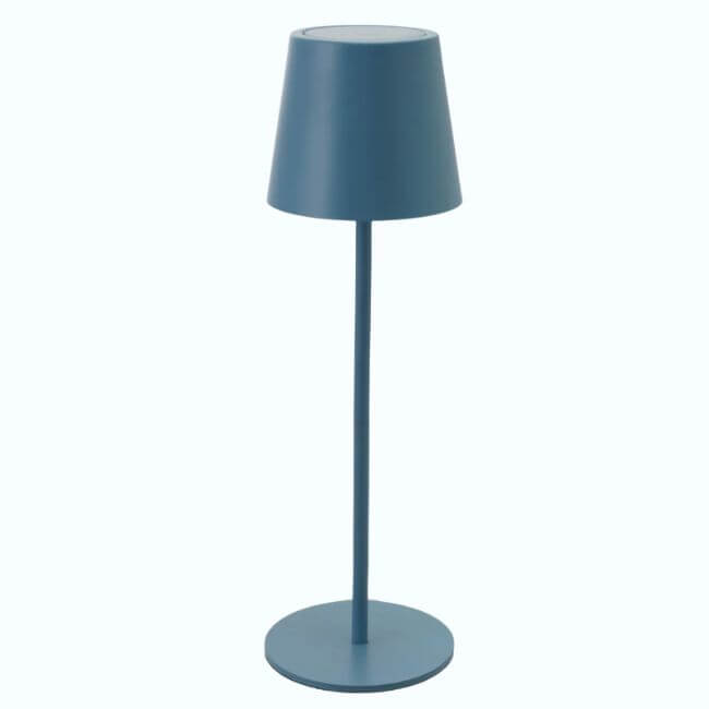 20 Nashville FINDS for June: Father's Day Gifts, Chic Accessories & More - 16 A blue, modern table lamp with a cylindrical base, slim stem, and cone-shaped lampshade—perfect for adding style to your home after a day of shopping Nashville—set against a plain white background.