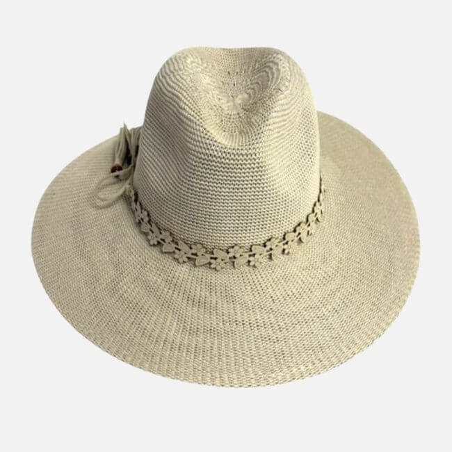 20 Nashville FINDS for June: Father's Day Gifts, Chic Accessories & More - 5 Beige woven sun hat with a wide brim and decorative band around the crown, perfect for shopping Nashville boutiques, shown on a plain white background.