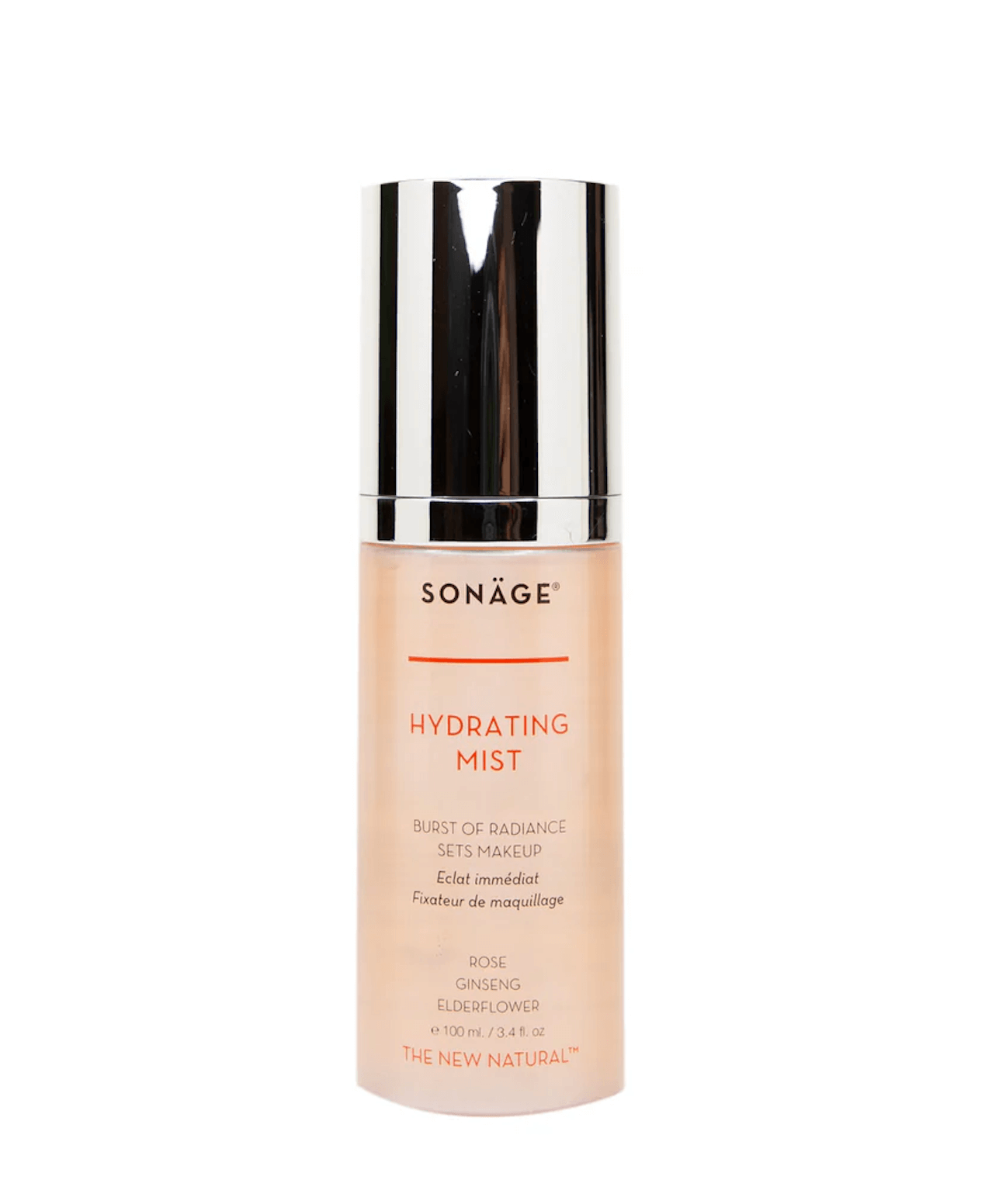A bottle of Sonage Hydrating Mist with a silver cap and peach-colored liquid, labeled as burst of radiance and makeup setting spray—one of our top June FINDS in Nashville.