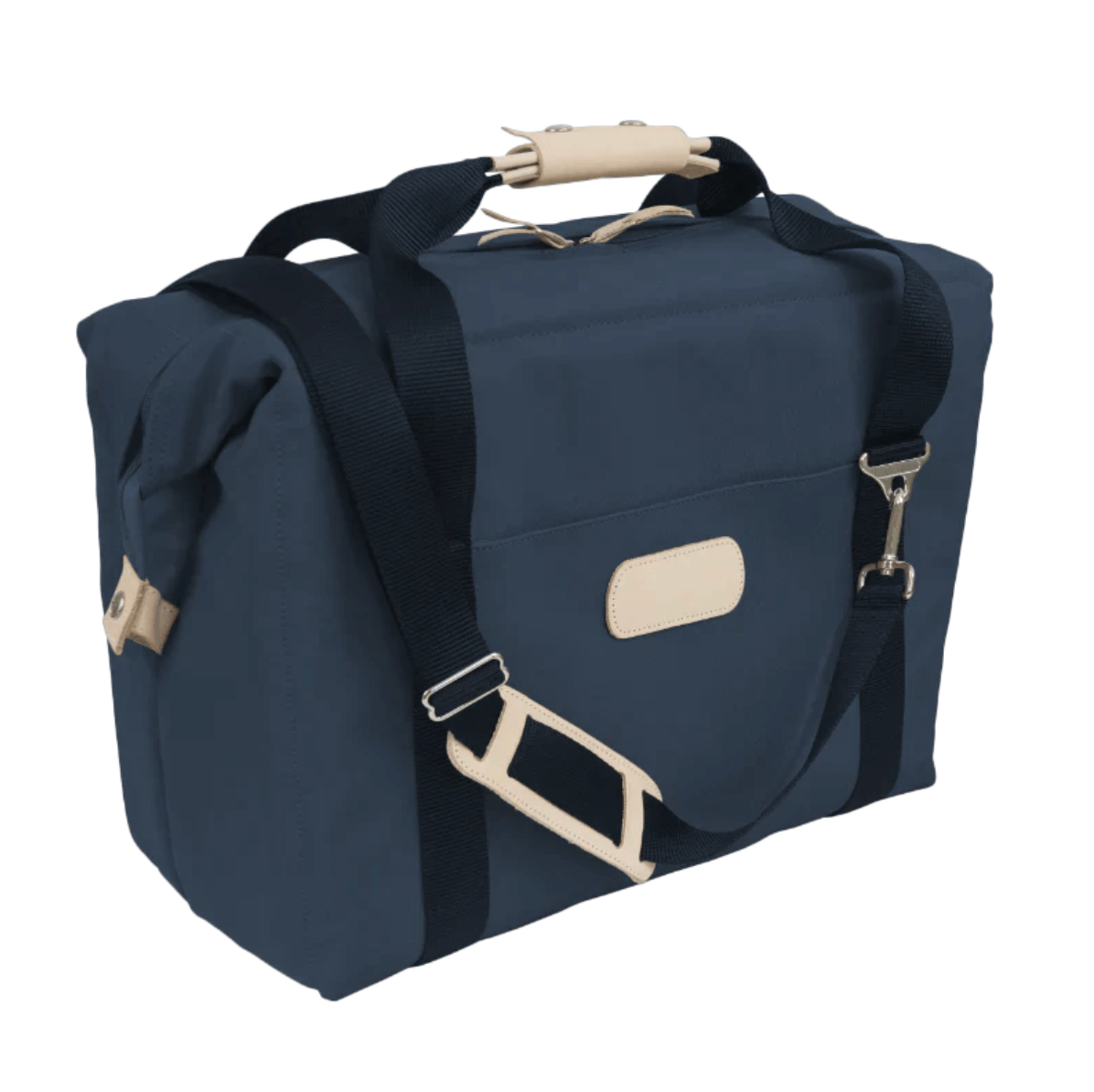 Navy blue duffel bag with black straps and beige accents, featuring a handle and a shoulder strap, perfect for your Nashville FINDS this June, shown on a white background.