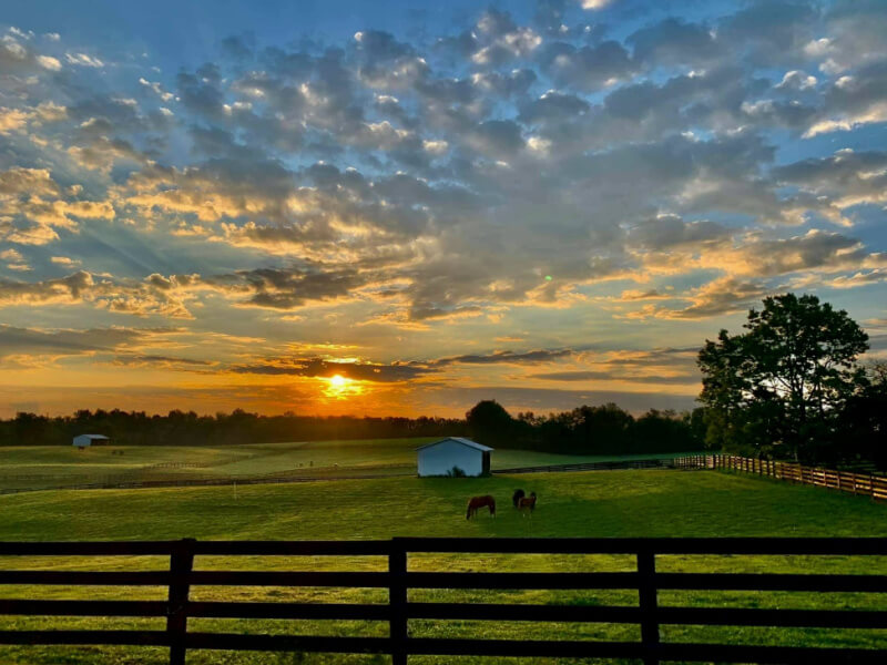 A sunrise over a green pasture with two horses grazing, a white barn, scattered clouds in the sky, and wooden fences—an idyllic scene perfect for weekend trips from Nashville.