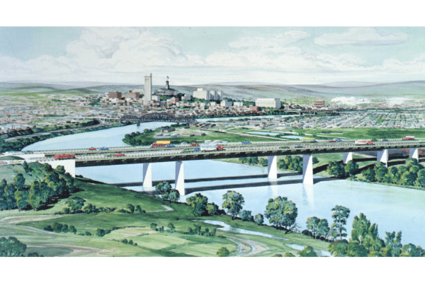 Illustration of a Great Cityscape with a bridge spanning a river, bustling avenues filled with vehicles, and a mix of industrial and residential areas—perfect for an opening panel.