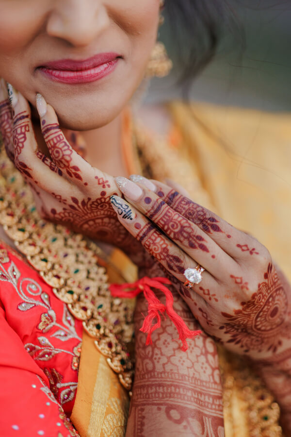 A woman wearing colorful traditional clothing at an Indian wedding shows intricate henna designs on her hands and a ring on her finger.