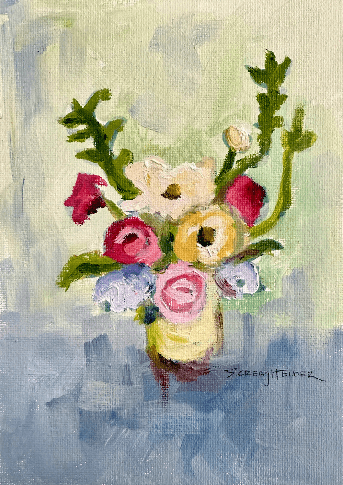 An impressionist painting of a vase with colorful flowers, including pink, white, and purple blooms, inspired by June in Nashville and set against a soft blue and green background—one of our latest FINDS.