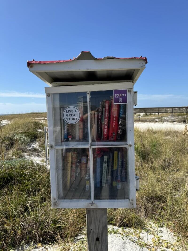 A small 30a outdoor bookshelf with a glass door contains various books and stands in a grassy dune area under a clear blue sky.