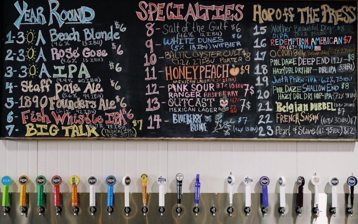 Chalkboard beer menu listing year-round and specialty brews, with 16 colorful taps mounted below on a white wall—perfect for relaxing after a day on 30A.