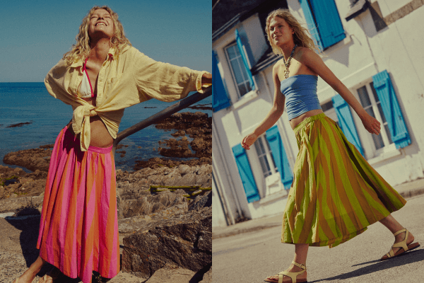 A woman wearing a brightly colored cabana striped skirt poses by the sea in one image and walks on a street with blue-shuttered windows in another.
