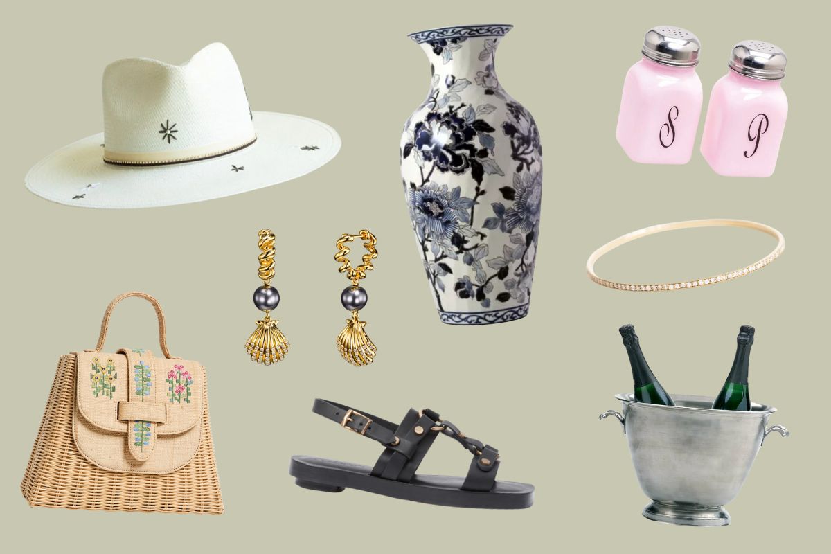 A collage of Nashville luxe loves: a white cowboy hat, floral vase, pink salt and pepper shakers, gold earrings, bangle, wicker bag, black sandal, and champagne in an ice bucket.