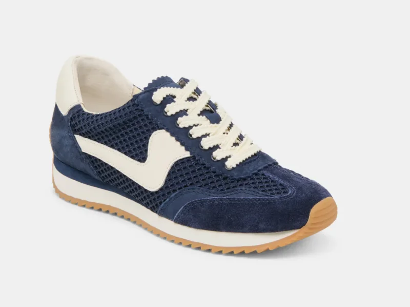 A blue and white sneaker with mesh and suede panels, white laces, and a tan rubber sole, from the August 2025 FINDS collection, displayed on a plain background—perfect for adding Memphis style to your look.