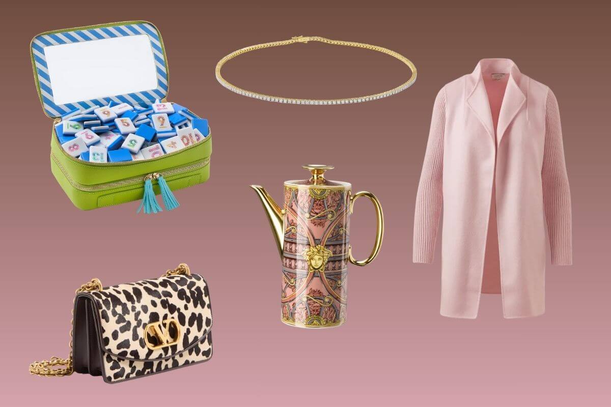 A collage featuring a green jewelry box with tiles, a diamond necklace, a pink coat, a leopard print handbag, and a decorative teapot on a gradient background—perfect inspiration for expensive gift ideas.