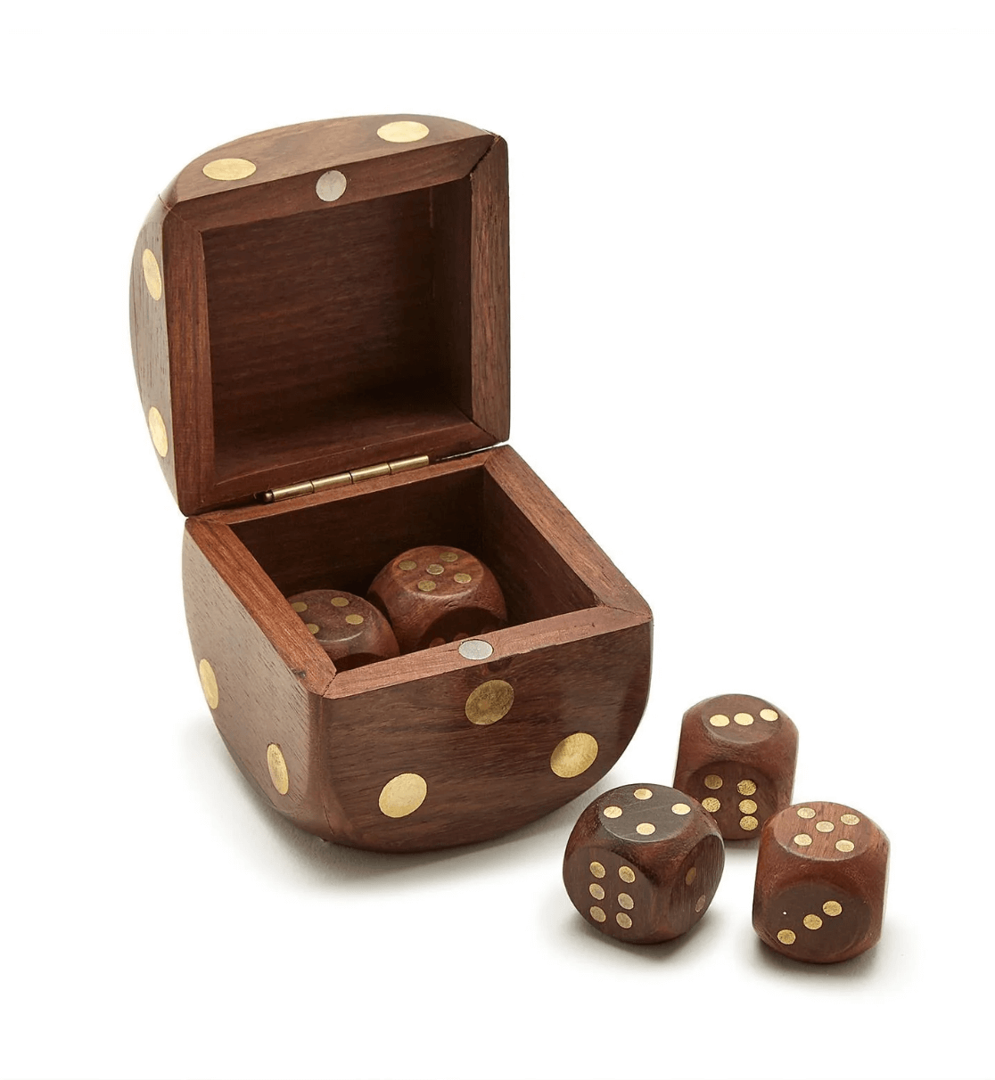 18 Nashville FINDS for Late Summer: Jewelry, Decor & More - 6 A wooden dice-shaped box with a hinged lid is open, revealing three dice inside. Three more wooden dice are placed outside the box, making it a charming FINDS Nashville treasure for your Late Summer gatherings.