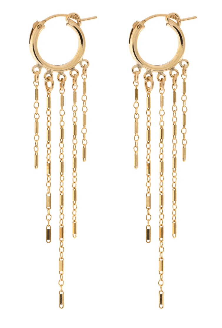18 Nashville FINDS for Late Summer: Jewelry, Decor & More - 14 Gold hoop earrings with five dangling chain strands of varying lengths, perfect for late summer style, displayed against a white background. A chic addition from FINDS Nashville.