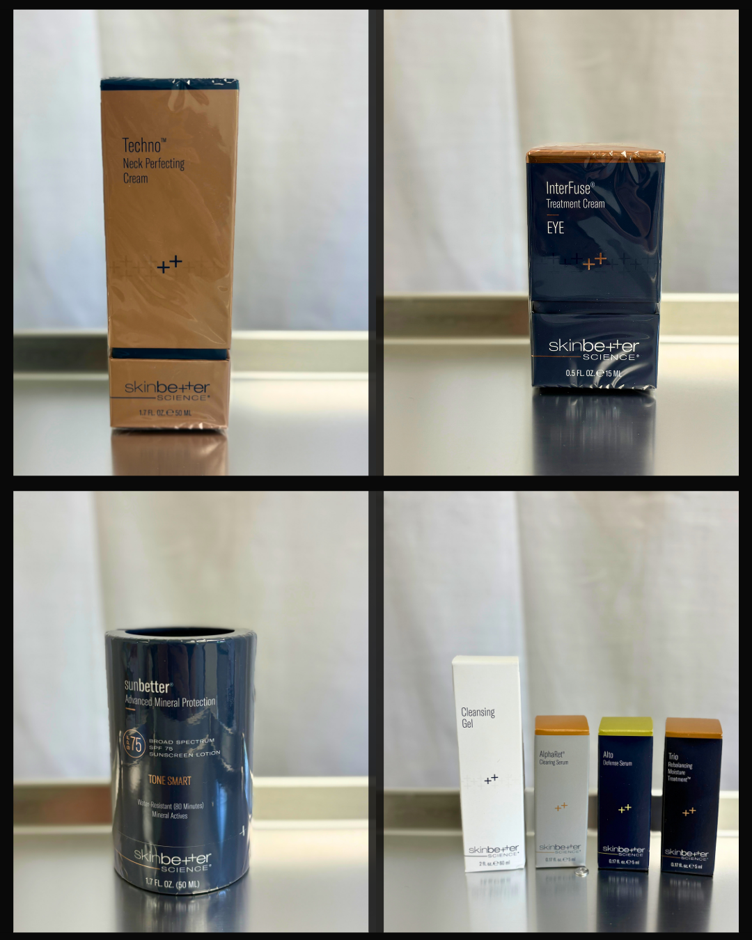 Four skinbetter science skincare products are shown in packaging: Techno Neck Perfecting Cream, InterFuse Eye Cream, sunbetter Sunscreen, and a set with four small skincare items—perfect for those seeking top Nashville deals on premium skincare.