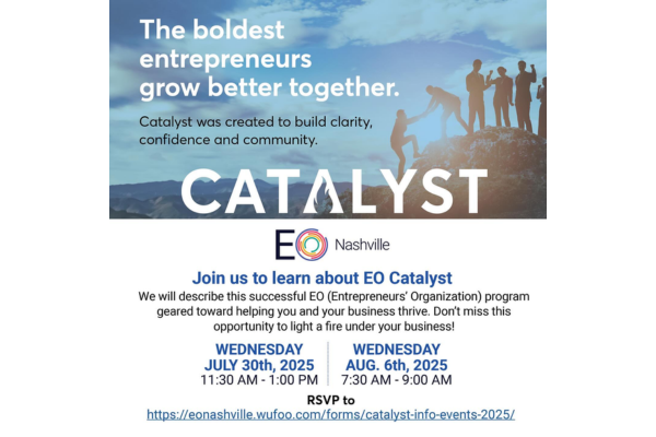 Promotional flyer for EO Nashville Catalyst Program, featuring event dates, RSVP link, and a group of people standing on a hilltop in the background at one of our Informational Events.