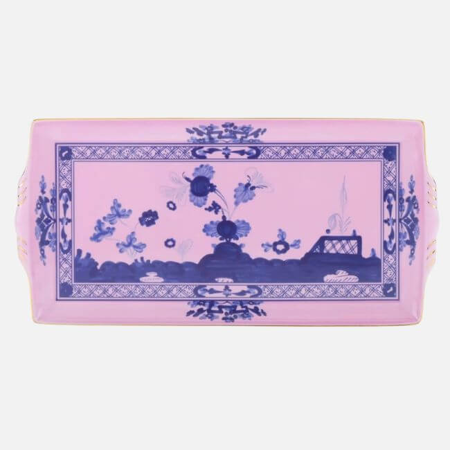 18 Nashville Luxe Loves: Statement Jewelry, Custom Hats & Summer Showstoppers - 18 Rectangular pink porcelain tray with blue floral and geometric patterns, featuring side handles and a decorative border—a Nashville Luxe Loves highlight for elegant entertaining.