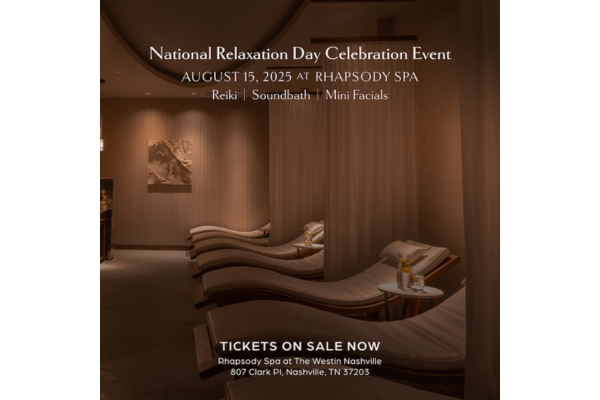 A dimly lit spa lounge with empty lounge chairs sets the scene for Rhapsody Spa’s National Relaxation Day spa event in Nashville on August 15, 2025.