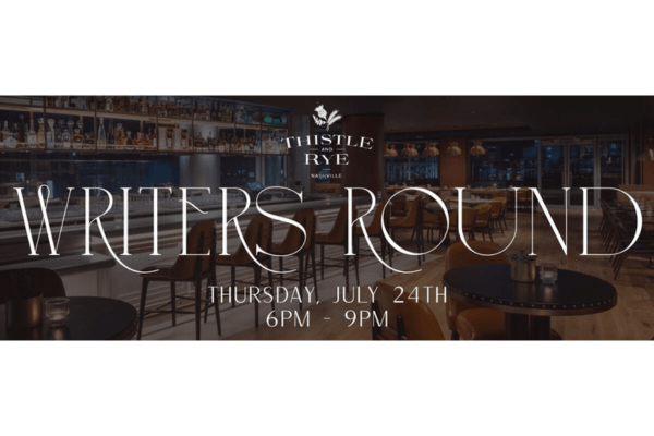 Bar interior with event text overlay: "Thistle and Rye Writers' Rounds, Thursday, July 24th, 6PM - 9PM.
