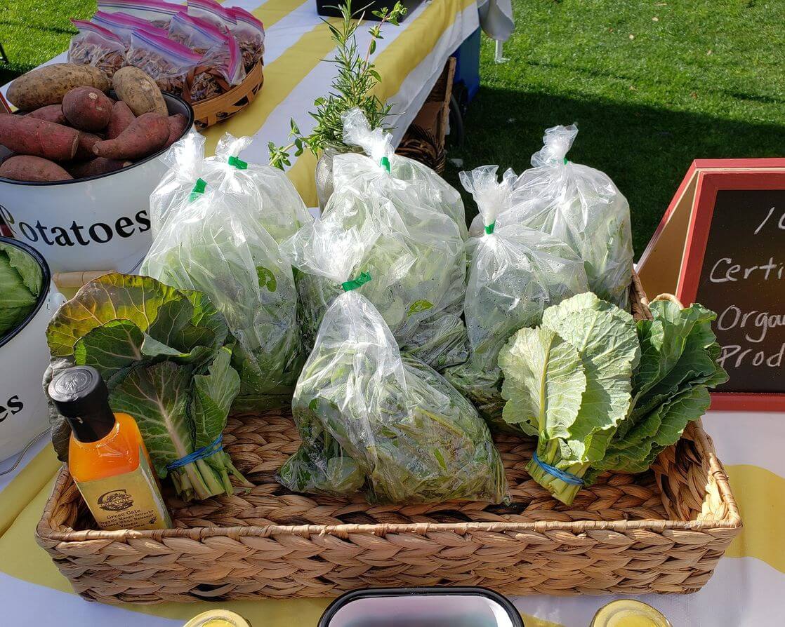 A basket of bagged leafy greens and collard leaves is displayed with a bottle of dressing at an outdoor market, capturing the local flavor of 30A farmers markets, with sweet potatoes and a sign in the background.