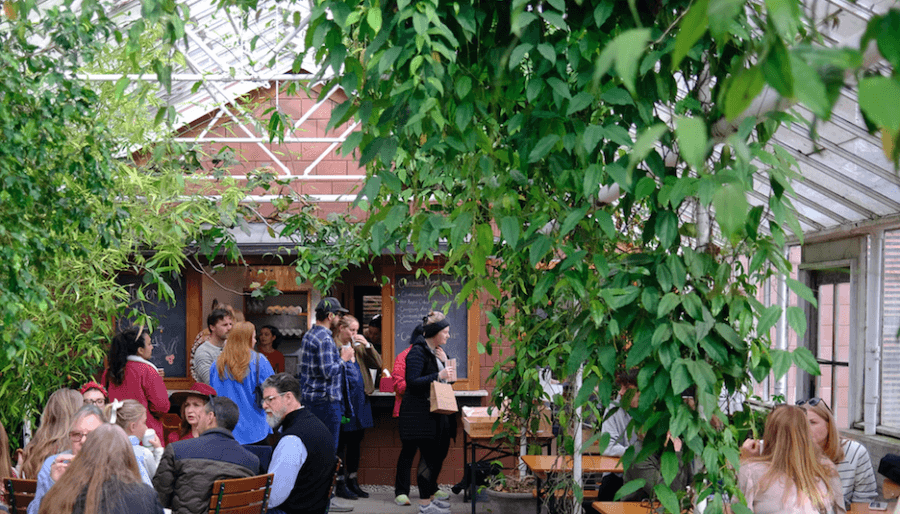 People dining and standing in a greenhouse-style café with lush green plants, wooden tables, and a counter in the background—one of those dreamy coffee shops where nature and comfort blend seamlessly.