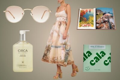 Collage featuring sunglasses, a hand soap bottle, a woman in a scenic-print dress, a Capri travel book, and a green Cala patch package on a neutral background—highlighting standout Birmingham FINDS for August.
