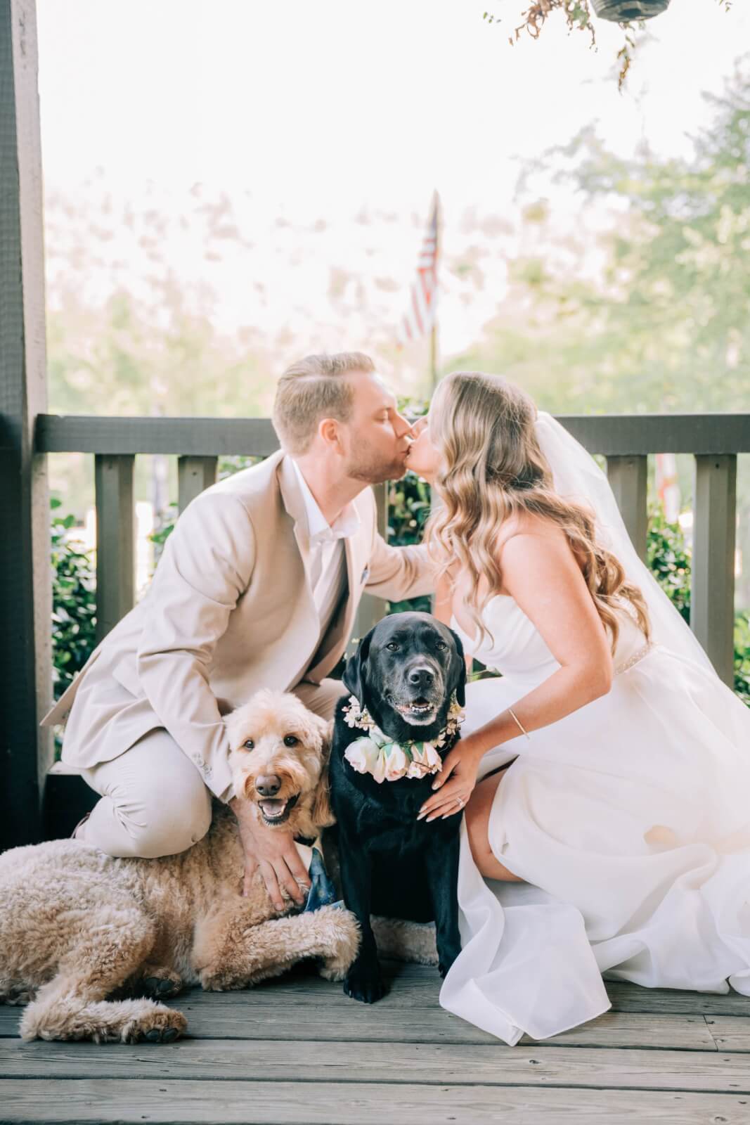 A bride and groom in wedding attire kiss while kneeling on a porch with their precious pups, one wearing a flower collar, posed between them at this charming outdoor wedding.