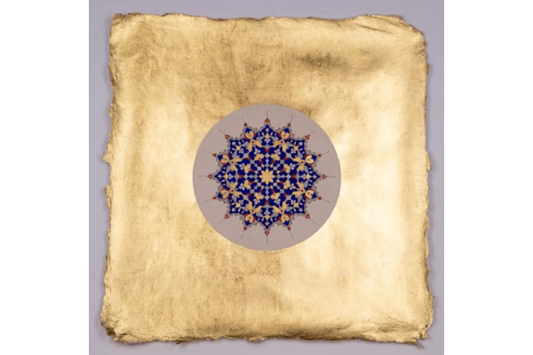 A square sheet with a gold, textured surface features a circular, intricate blue and red geometric pattern in the center, radiating illumination—an inspiring piece ideal for any Adult ARTlab setting.