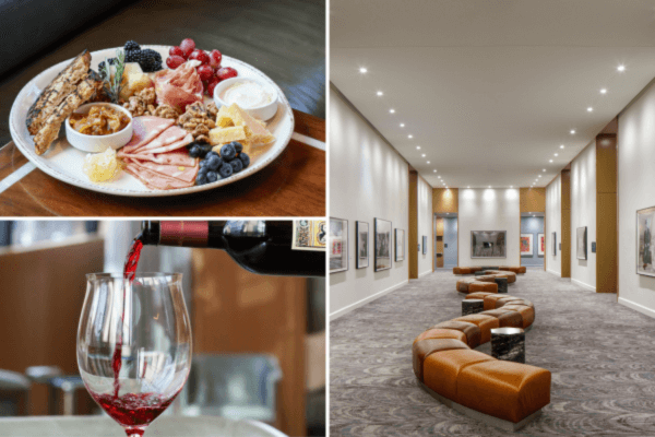 A charcuterie board and red wine set the scene, while a modern hallway at The Joseph features leather seating and curated artwork, creating an atmosphere of class and sophistication.