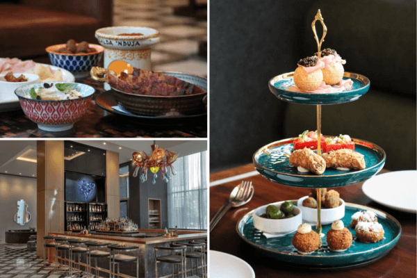 Collage of three images: bowls of food on a table, a modern bar area with seating, and a two-tiered tray with assorted appetizers and desserts—perfect for an Aperitivo afternoon.