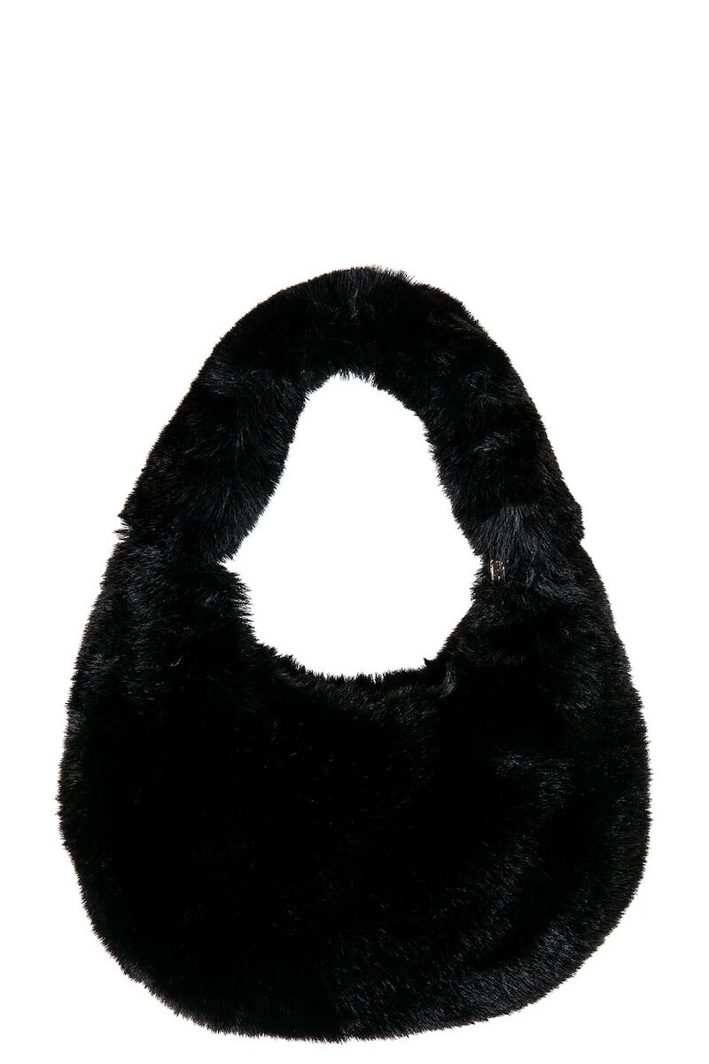 Fall 2025 Fashion: A Stylist's Lookbook of This Season's Trends - 33 A black faux fur handbag with a curved handle, photographed on a white background, perfect for elevating your fall 2025 fashion looks.