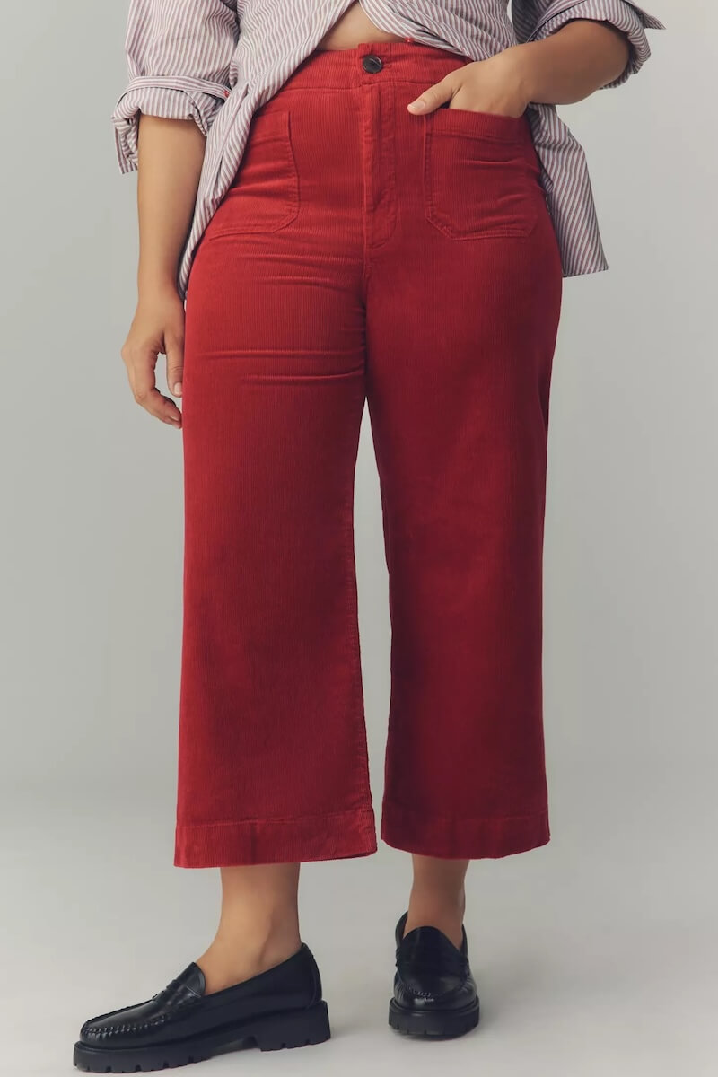 Fall 2025 Fashion: A Stylist's Lookbook of This Season's Trends - 43 A person showcases fall 2025 fashion in red corduroy wide-leg pants, a striped shirt with sleeves rolled up, and black loafers, standing against a neutral background.