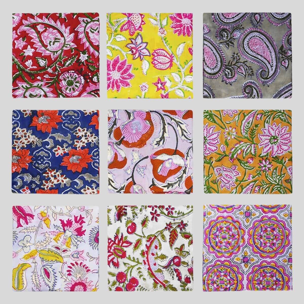 A grid of nine square fabric swatches, each featuring colorful, intricate floral and paisley patterns on various backgrounds—a vibrant selection inspired by the SB Hot List for August 2025.