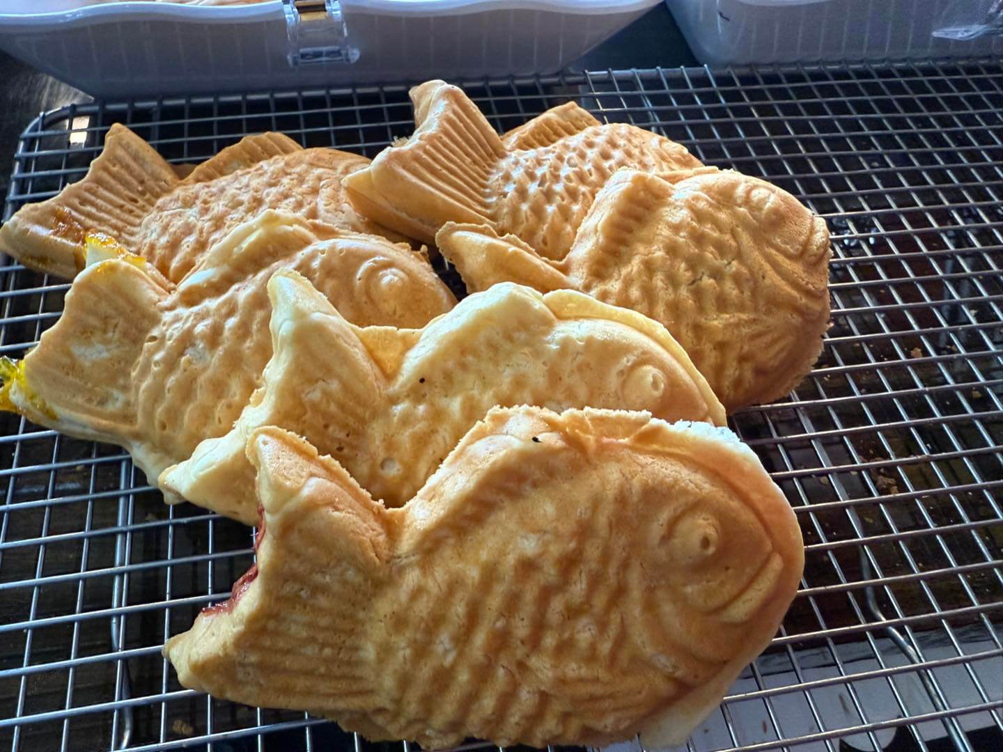 Several fish-shaped pastries are cooling on a wire rack, their detailed scales and fins inviting curiosity—an artisanal treat you might find featured at innovative Louisville restaurants launching new menus.