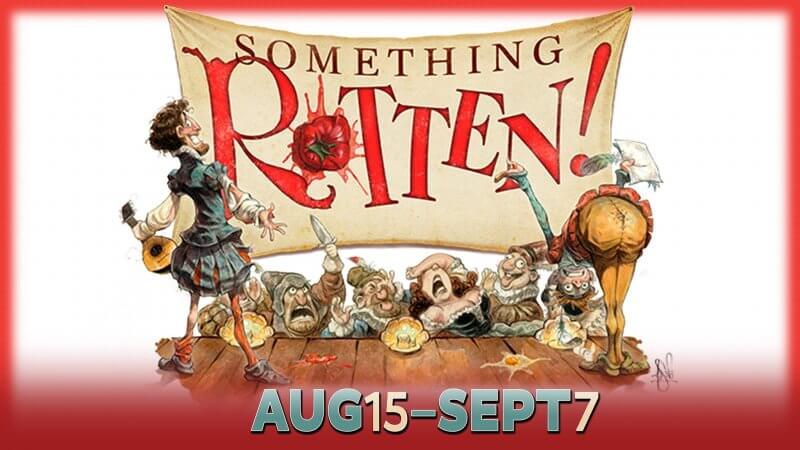 Illustration of costumed characters in front of a "Something Rotten!" banner, promoting the hit musical at Live Theater Memphis, with show dates from August 15 to September 7.
