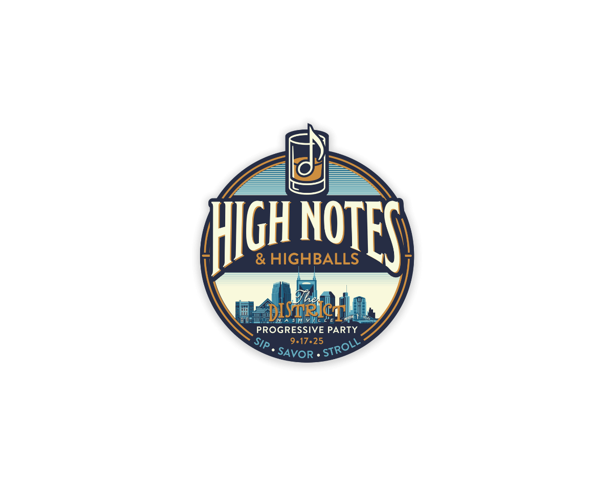 Circular event logo featuring "High Notes & Highballs" text, musical note icon, and city skyline, capturing the spirit of the Progressive Party. Includes event details: The District, 9-17-25, Sip • Savor • Stroll.