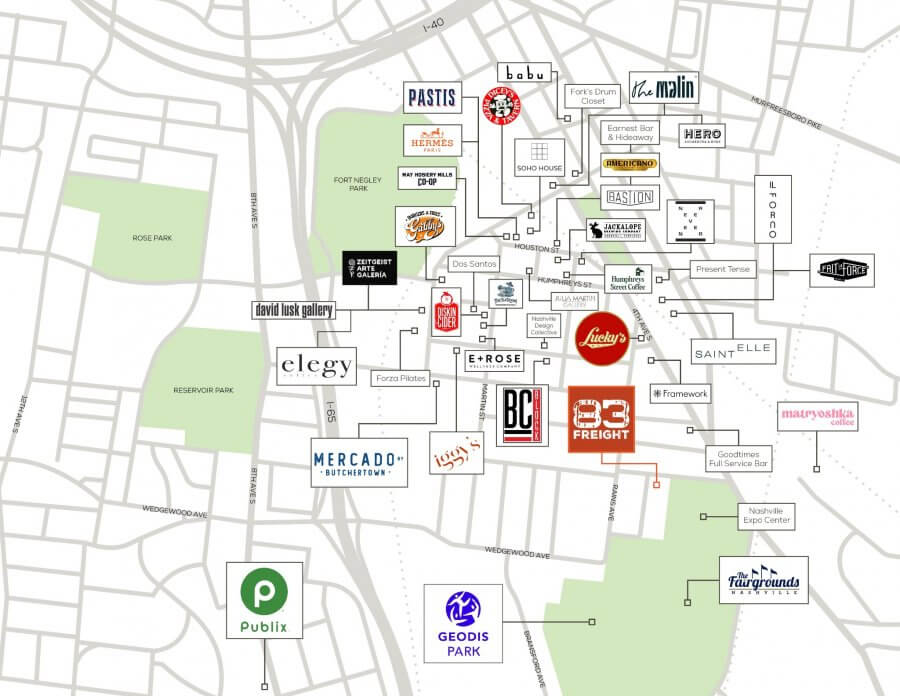 A map displays the locations of various restaurants, shops, parks, and venues in a Nashville TN neighborhood—each business’s logo and nearby streets like 2126 Byrum Ave are clearly labeled.