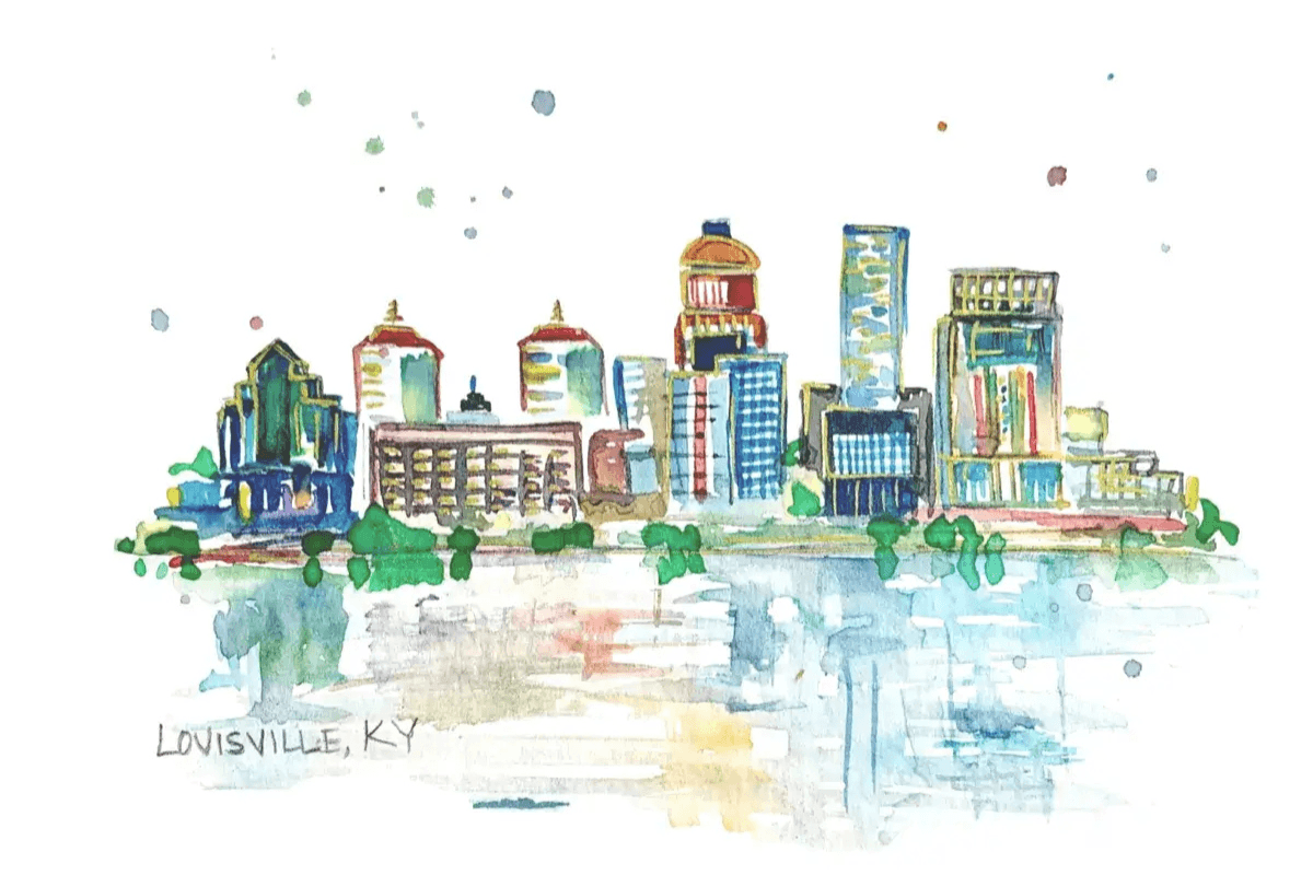 Watercolor illustration of the Louisville, Kentucky skyline with buildings reflected in the water and “Louisville, KY” in the corner—a perfect local Louisville piece for your home or as a keepsake from a $1,000 giveaway event.