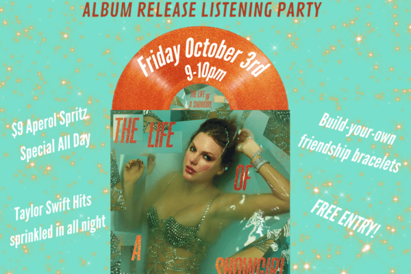 Promotional poster for a Showgirl Listening Party album release at L.A. Jackson, featuring a woman in a pool, event details, and decorative text on a blue background with orange and gold accents.
