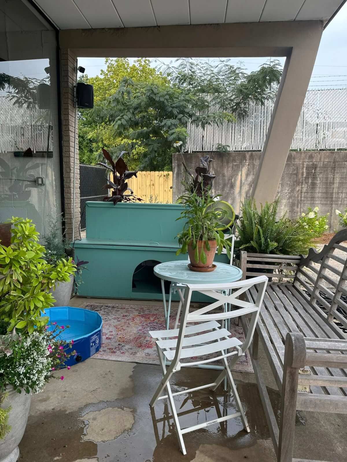 Meet Cahaba Heights' Adorable Canine Mascot, Callie Heights! - 8 A small patio with a white folding table and chairs, a wooden bench, potted plants, a blue kiddie pool, and a large teal dog house.