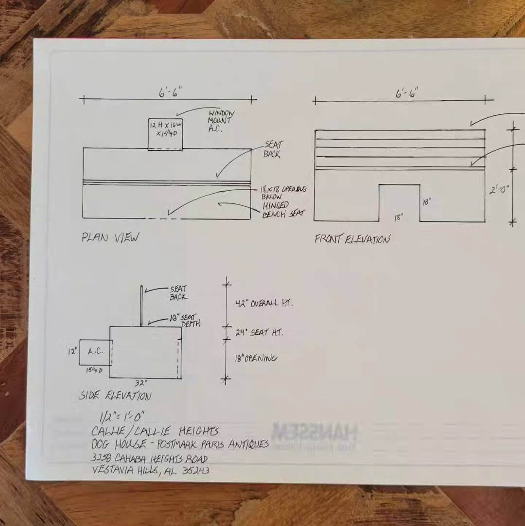 Meet Cahaba Heights' Adorable Canine Mascot, Callie Heights! - 7 Architectural drawing of a built-in bench with labeled dimensions, showing plan, front, and side elevations, and project details.