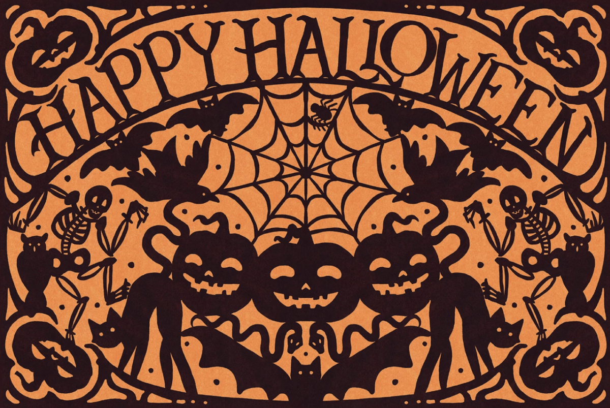 17 Fall-Ready Nashville FINDS: Cozy Layers, Beauty & Spooky Season Style - 10 Vintage-style Halloween illustration with “Happy Halloween” text—perfect for Nashville finds this October. Features bats, pumpkins, skeletons, cats, and a spiderweb on orange.