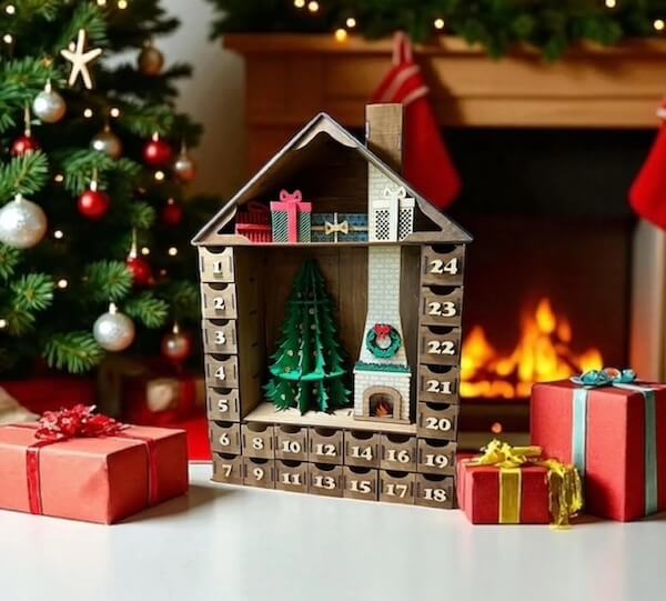 The BEST Advent Calendars for 2025 - 21 A wooden advent calendar shaped like a house sits on a table, surrounded by wrapped gifts, with a decorated Christmas tree and lit fireplace in the background—a festive scene perfect for fans of charming advent calendars.