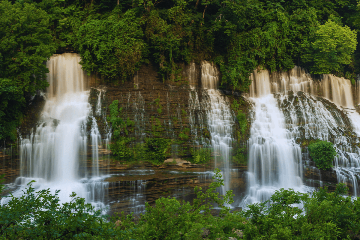 5 Beloved Tennessee Destinations for Adventure Lovers - 8 Multiple streams of a wide waterfall cascade down a mossy, green cliff surrounded by dense vegetation and trees, creating one of Tennessee’s unforgettable outdoor escapes.