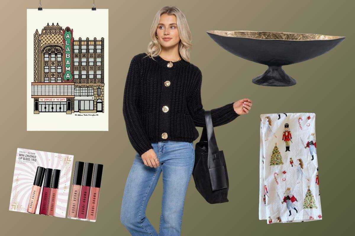 A woman stands next to a poster showcasing unique gifts under 50, perfect for any occasion.